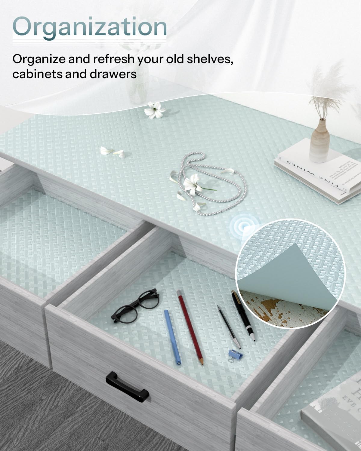 Shelf and Drawer Liner for Kitchen Cabinet, Non-Adhesive 18in x 240in Waterproof Contact Paper Refrigerator Liners Thickened Durable EVA Material Non Slip Mat for Dresser Cupboard Pantry Protector