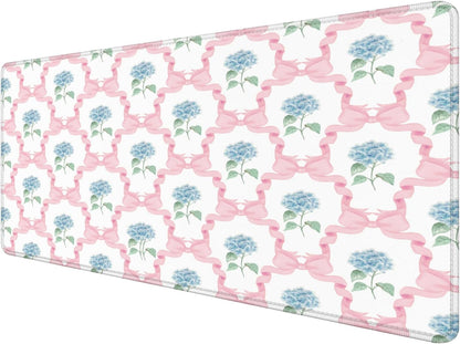 Blue Hydrangea Large Mouse Pad 31.5x15.7inch, Trendy Coquette Pink Bow Flower Aesthetic Large Extended Computer Desk Mat Mousepad for Keyboard and Mouse, Preppy Desk Accessories