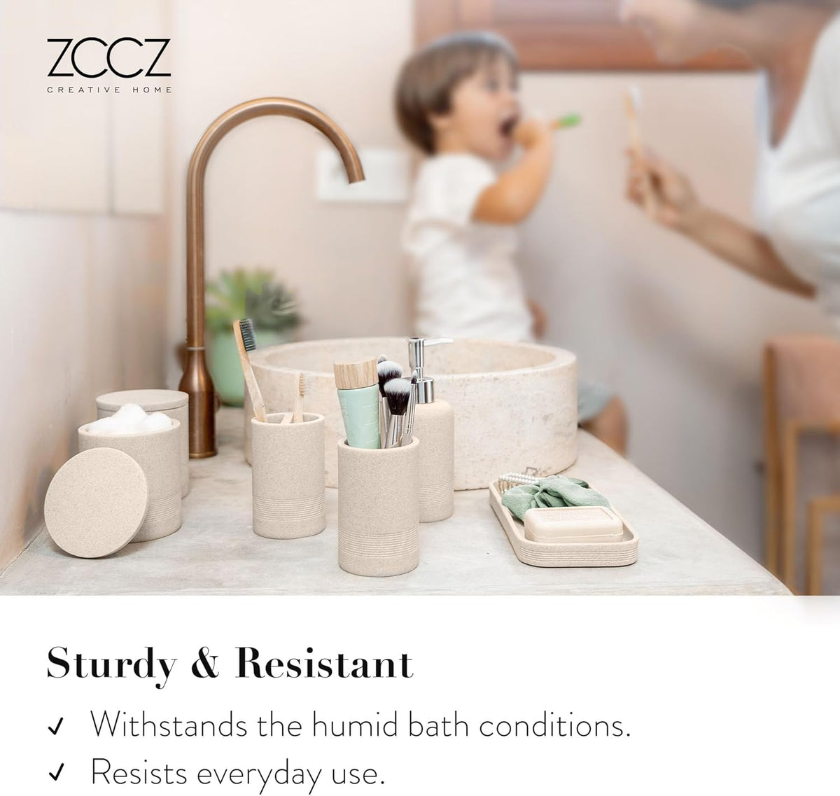 ZCCZ Beige Bathroom Accessories Set 6 Pieces - Toothbrush Holder, Lotion Dispenser, Qtip Container, Vanity Tray, Tumbler - Countertop Organizer for Bathrooms - Elegant and Functional Décor Set