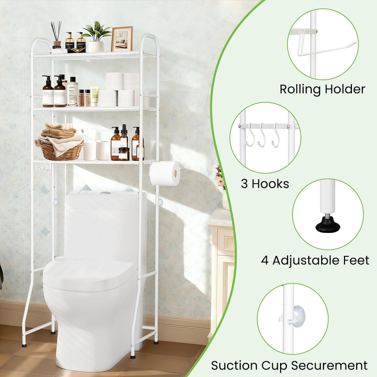 3-Tier Over The Toilet Storage, Metal Over Toilet Bathroom Organizer and Storage for Small Space, Bathroom Shelves Rack with 3 Hooks and Paper Holder, White