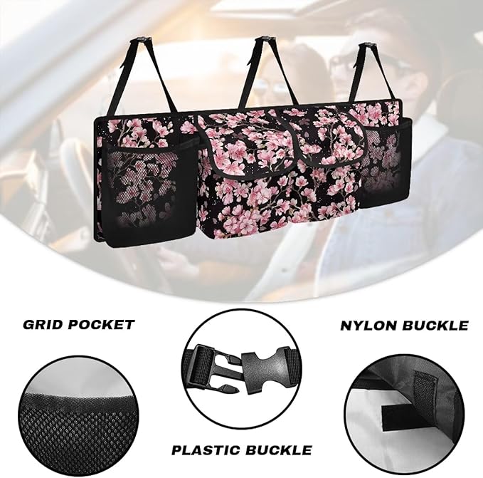 Cherry Blossom Car Trunk Organizer, Oxford Backseat Storage Bag with 4 Pockets, Waterproof Adjustable Large Capacity Hanging Collapsible Bag for Most Vehicles, Universal Car Accessories