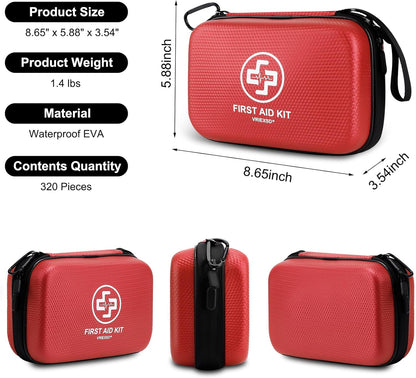 Premium First Aid Kit, 320 Piece Waterproof Hard Shell Eva First Aid Kit for Home, Camping, Cars, Hiking, Travel, Businesses & Outdoor Emergencies - Emergency Medical Kits (Red)