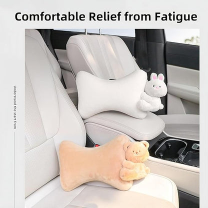 Car Headrest Pillow 2PCS Plush Bear ＆ Bunny Car Seat Headrest Pillow - Memory Foam Neck Support Cushions for Comfortable Driving, Easy Install & Washable (White Rabbit)