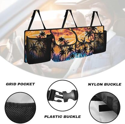Palm Tree Trunk Hanging Organizer, Backseat Bag, Car Interior Accessories with 2 Pockets & 2 Mesh Pouches for Groceries Storage Space for SUV, Jeep, MPVs