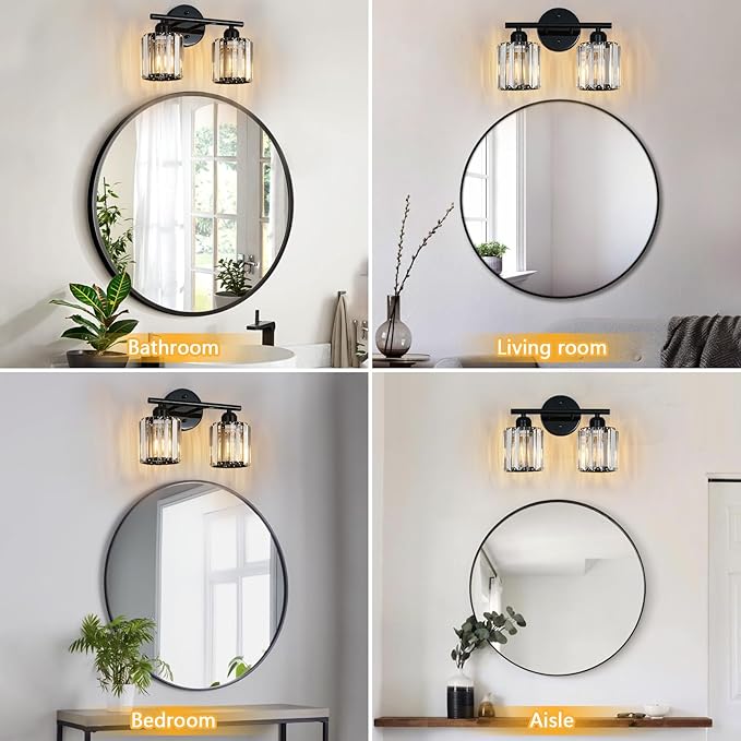 FDPBY Modern 2 Light Crystal Vanity Light, Plating Black Vertical Bathroom