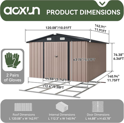 Aoxun 10 x 12FT Shed with Base Utility Garden Galvanized Steel Shed with Lockable Door & Sloped Roof Metal Sheds Outdoor Storage for Garden, Backyard, Patio and Backyard (Brown/Base Included)