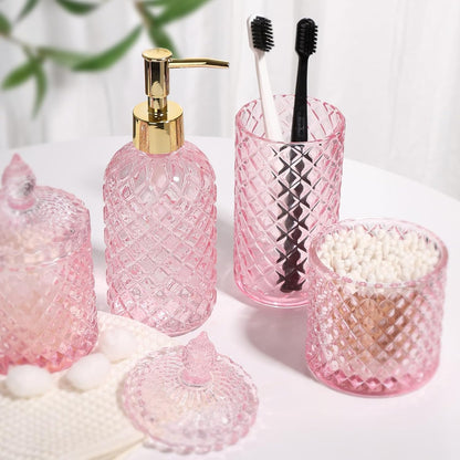 Pink Bathroom Accessories Set, 4 Pack Pink Bathroom Decor Accessory Sets Complete, Diamond Glass Soap Dispenser and Toothbrush Holder Set for Bath Counter Organizer Essentials