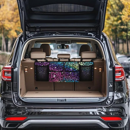 SEANATIVE Colorful Shiny Leopard Car Trunk Organizer, Backseat Hanging Organizer with 4 Large Storage Bag Super Capacity -Trunk Organizer for SUV,Truck,Van -Your Space Saving Expert