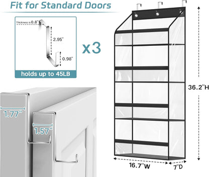 AOODA Clear Over the Door Hat Racks for Baseball Caps, Hold 48 Caps Hat Storage Organizer for Closet Wall, Deep Pockets Hanging Snapback Holder Shelves with 3 Hooks, Black