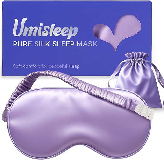 Umisleep 100% Pure Mulberry Silk Sleep Mask, 22 Momme 6A Soft & Smooth Fibers, Breathable Eye Mask for Women & Men, Better Light Blocking Sleeping Mask with Travel Pouch, Adjustable Blindfold, Purple
