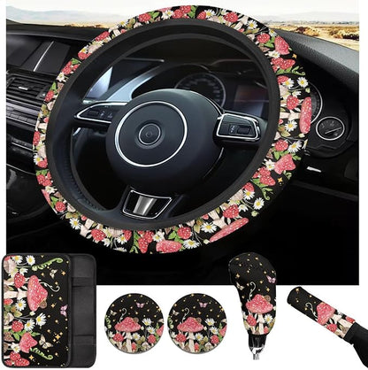 Mushroom Print Car Steering Wheel Cover Set for Men Women Mushroom Car Interior Accessories Cup Coaster Cars Handbrake Cover Universal Fit Truck Van SUV