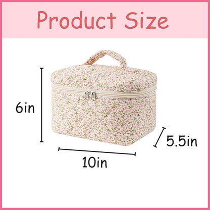 uekeboag Large Travel Quilted Makeup Bag for Women, Floral Cotton Cosmetic Bag, Coquette Aesthetic Floral Toiletry Organizer Bag