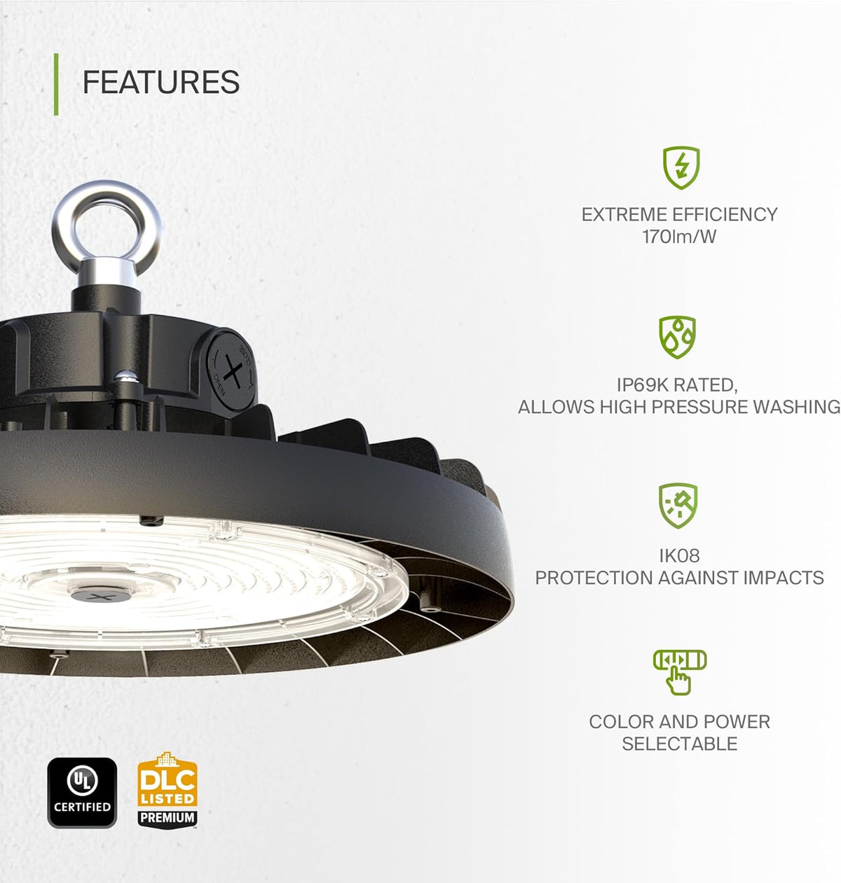 ASD LED High Bay UFO Light Fixture, Commercial Shop Lighting | 3CCT, Dimmable, IP69K Waterproof, DLC Premium, UL Listed | 200W 31900LM 3000-5000K 100-277V | Warehouse, Garage, Workshop Lamp | Black