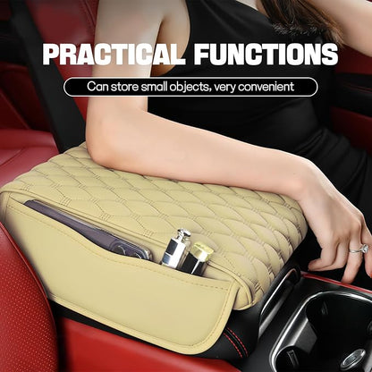 wuyaoyao Car Center Console Cover, 12.13"×8.66"×3.74" Leather Car Armrest Cover with with 2 Side Pockets, Memory Foam Soft Auto Armrest Cushion Pad, Universal Vehicle Arm Rest Protector (Beige)