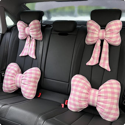 Car Accessories Plaid Bow Headrest Lumbar Pillow 4PCs Set Cotton Linen Elegant Soft Car Seat Cushions for Daily Commuting Trave (Pink Plaid,headrest+Lumbar Pillow 2pcs)