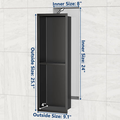 Stainless Steel Shower Niche 24" X 8", No-Tile Needed Wall Niche Double Shelves, Recessed Shower Storage, Matte Black
