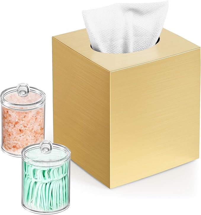 Tissue Box Cover, Square Facial Acrylic Tissue Box Holder with 2 Pack Clear Qtip Holder Dispenser, Bathroom Vanity Dresser Night Stand Essentials Accessories Decor, Modern Farmhouse Decor, Gold