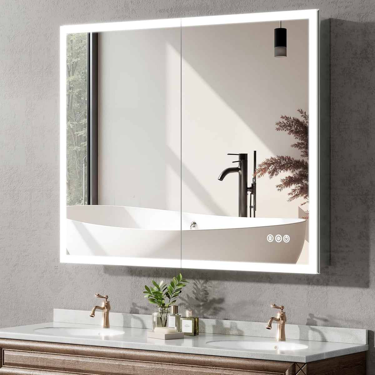 40"x32" Medicine Cabinet Mirror, LED Lighted Medicine Cabinet with Electrical Outlet＆USB, Anti-Fog, 3 Colors Temperature Stepless Dimmable, Aluminum Cabinet for Storage and Mordern Decor