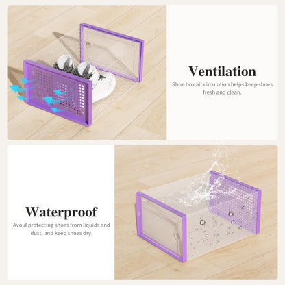 Kuject X-Large Shoe Storage Boxes Organizers Clear Plastic Stackable 12 Pack, Shoe Rack & Holder Substitute, Sneaker Containers, Toy Storage Organizer Bins for Entryway, Closet, Under Bed, Purple