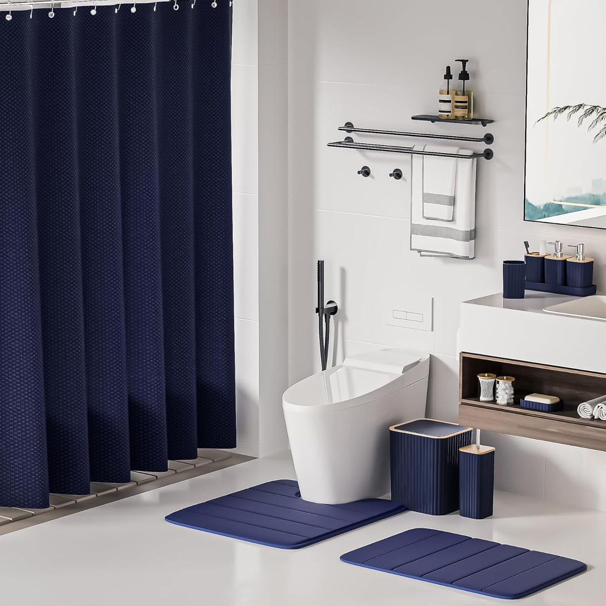 Bathroom Set - 25PC Blue Bathroom Set with Shower Curtain and Rugs, Bathroom Accessories Set, Blue Shower Curtain Set with Bathroom Trash Can