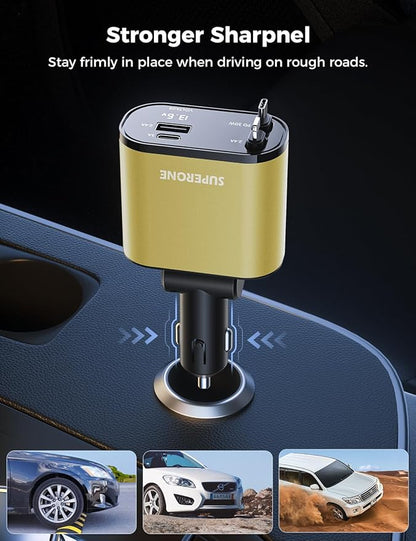 【Upgraded】 SUPERONE Retractable Car Charger 4 in 1, Fast Car Phone Charger with Cord 2.6ft, USB C and Apple Car Charger Adapter, Compatible with iPhone 17/16/15/15 Pro Max/14/13/12/11, Galaxy, Pixel