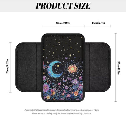 Dreaweet Car Center Console Cover Sun and Moon Floral Car Accessories for Women Girly,Car Armrest Cover with Storage Pockets Universal Arm Rest Center Console Cushion Pad Soft & Comfy