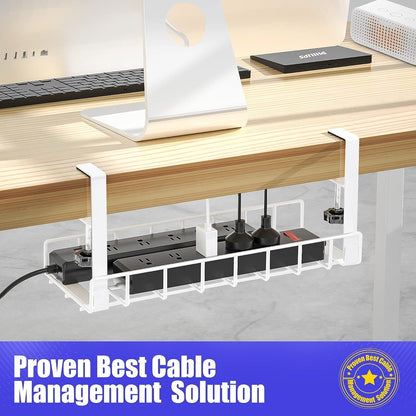 Under Desk Cable Management Tray 2 Pack, Xpatee Upgraded Wire Management No Drill No Screws, Cable Tray with Clamp for Wire Organizers, Computer Cord Rack for Office, Home - No Damage to Desk White