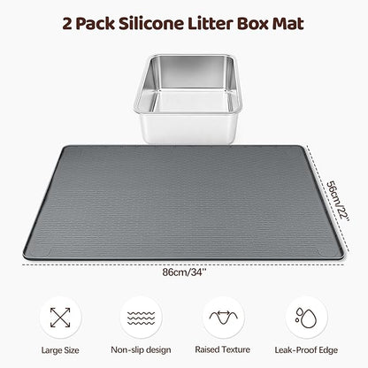 Bartuke Cat Litter Mat, 2 Pack Large 34" x 22" Silicone Mat Litter Trapping Mat for Scatter Control, Soft on Kitty Paws, Easy to Clean (Dark Grey)