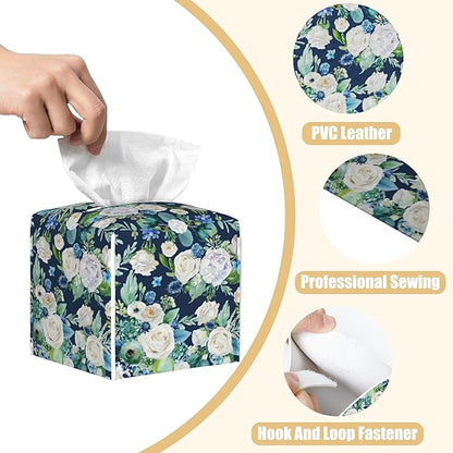 BLYKVGHQ Botanical Leaves Square Tissue Box Cover Watercolor Flowers Tissue Box Holder Facial Cube Paper Dispenser Leather Decorative Organizer Home Office Desk Decor, 5.2"x5.2"x5.2"