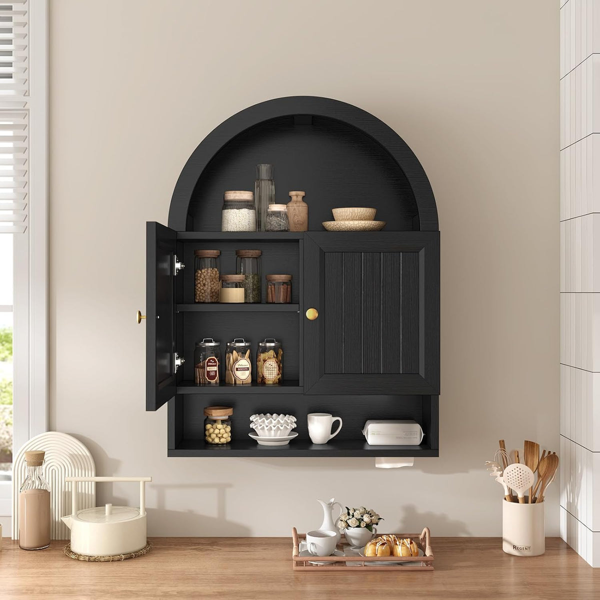 Arched Bathroom Wall Cabinet, 27.4 x 36.4'' Over The Toilet Cabinet with Grille Door, Adjustable Shelf, Wall Mounted Cabinets for Bathroom Laundry Room Kitchen (Black, 36IN)