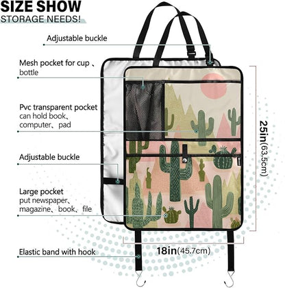 2 Pack Back Seat Car Organizer with Storage Pockets Kick Mats Back Seat Protector Hanging Car Organizer Automotive Seat Back Cover Organizers Boho Cacti Mountains Sun