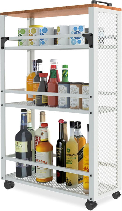 2025 New, Slim Kitchen Storage Cart, 3 Tier Metal Rolling Utility Cart Mesh Basket, Multifunction Wire Basket Shelf Trolley for Home Laundry, Bathroom, Living Room, White