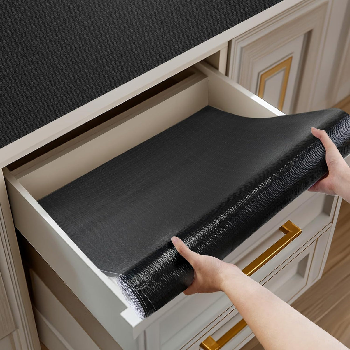 Shelf and Drawer Liner for Kitchen Cabinets Non-Adhesive, Strong Grip Non-Slip Thickened Cabinet Liners for Shelves, Waterproof Mats for Dresser Cupboard, Black, 23 in x 20 Feet