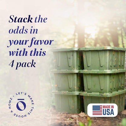 HOMZ 4-Pack Durabilt Tote, Heavy Duty Plastic Storage Bins with Lids, 27 Gallon, Green Camo - Stackable Organizing Containers for Home, Garage, and Office