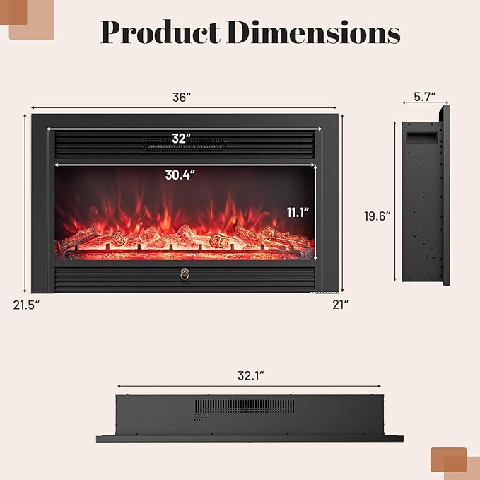Giantex 36" Electric Fireplace Insert, Wall Recessed/Mounted, Freestanding