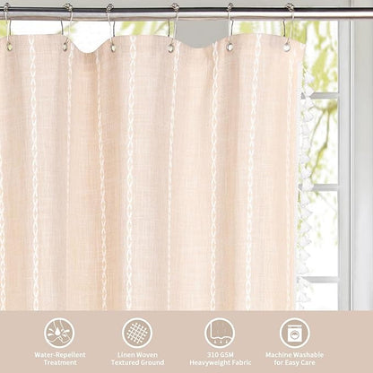 MitoVilla Beige Boho Long Shower Curtain 72 x 78, Cream Farmhouse 78 inch Long Polyester Linen Fabric Shower Curtains with Tassel for Chic Cottagecore French Country Bathroom Decor