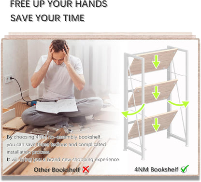 4NM No Assembly Folding Bookshelf Storage Shelves 3 Tiers Vintage Bookcase Standing Racks Study Organizer Home Office (Natural White)