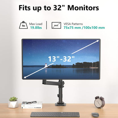 WALI Single Monitor Arm 13-32 Inch, Single Monitor Mount, Vesa Desk Mount up to 19.8lbs Gas Spring Arm with Clamp, VESA 75x75mm or 100x100mm Compatibility(GSDM001), Black