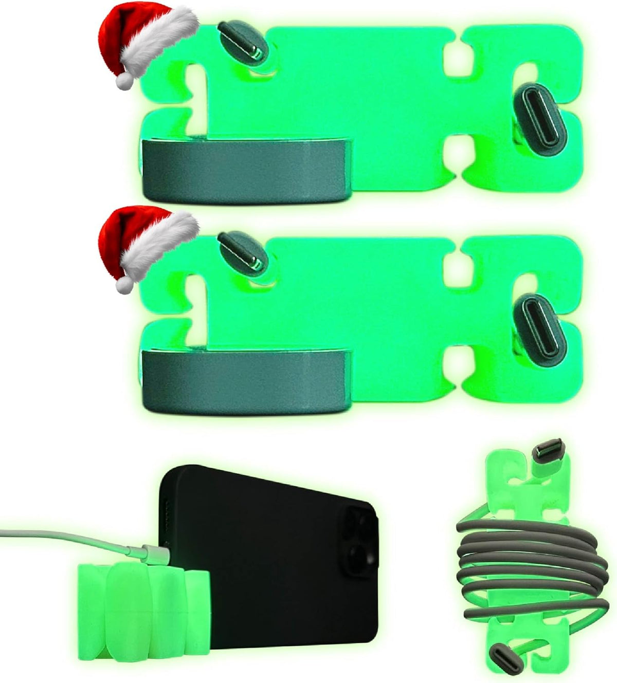 GlowBrick Stocking Stuffers for Adults Cord Management Weighted Cord Holder Cable Wrap Phone Stand - Glow-in-The-Dark Gadget Organizer for Nightstand. Gift for Men, Silicone. 2pk Glowing Yellow