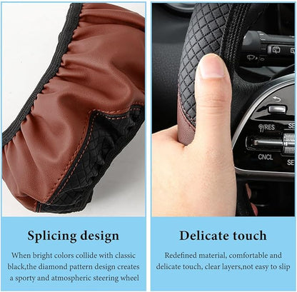 Car Steering Wheel Cover, 15 Inch Anti-Slip Stretch Leather Steering Wheel Protector, Comfortable Breathable Sporty Steering Wheel Cover for Women Men, Car Accessories (Black & Khaki, AD)