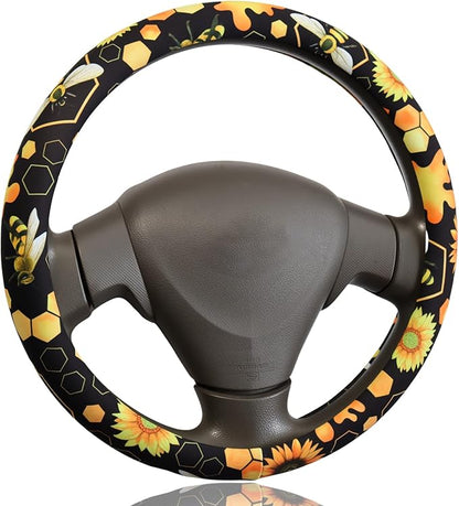 Bee Sunflower Honeycomb Steering Wheel Cover for 14.5-15 Inch (37-38 cm) Wheels, Premium Fabric with Non-Slip Rubber Inner Ring (Bee Sunflower Honeycomb)