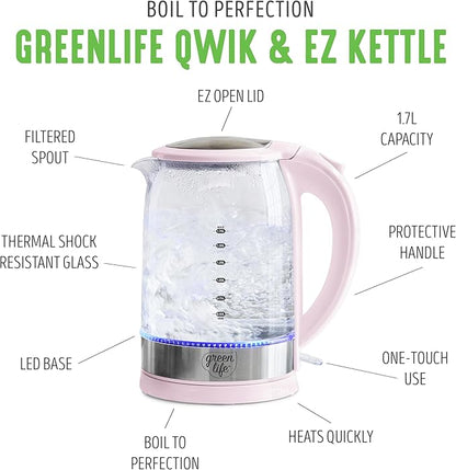 GreenLife 1.7 Liter Glass Electric Kettle, Easy One Touch Use, Quick Heating