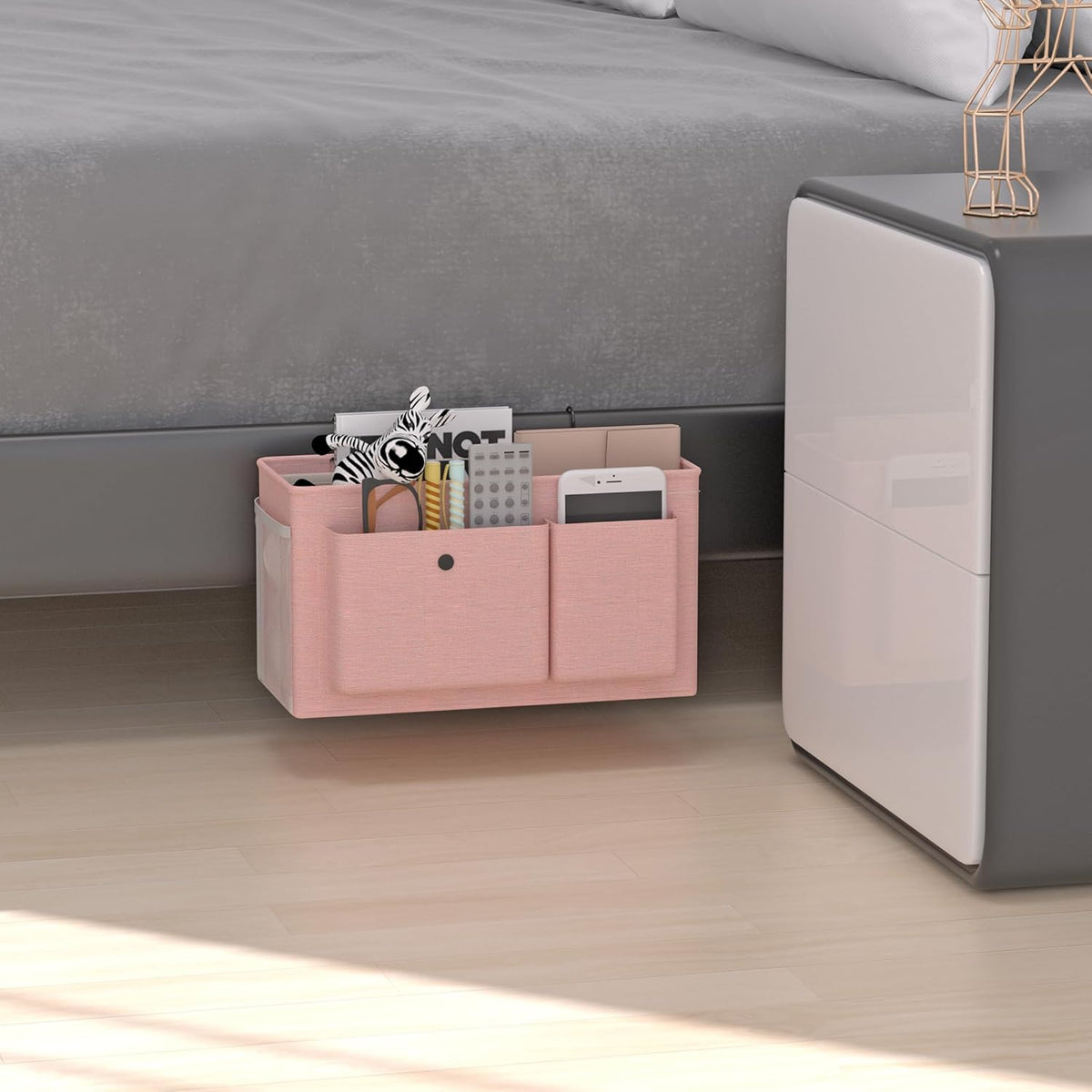 Bedside Caddy Bedside Organizer with Fixed Straps & Water Bottle Holder, Bunk Bed Caddy ideal for Home, Dorm, Hospital, Crib, Versatile Bedside Storage Solution (Pink 2pcs)
