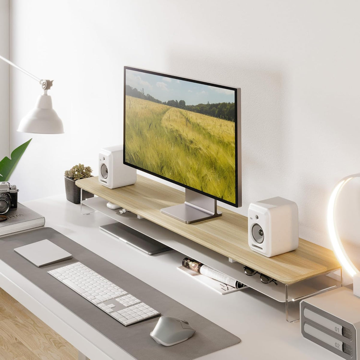 Fenge Acrylic Monitor Stand Riser, 42.5 Inches Dual Monitor Stand with Metal Storage, 2 Tier Acrylic Computer Riser for Desk, Clear Laptop Stand for PC, Laptop, Printer, TV, Oak
