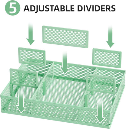Marbrasse 2 Pack Desk Drawer Organizer, Mesh Drawer Organizer Tray with 8 Adjustable Compartments, Desk Organizers and Accessories, 5 Dividers Drawer for Office Supplies, Makeup & Vanity (Green)
