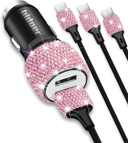 Bling USB Car Charger 5V 2.4A Pink Crystal Decor Dual Port Fast Adapter with 4ft Nylon Type C Micro USB 3 in 1 Multi Charging Cable for iPhone iPad Android, Auto Interior Accessories for Women