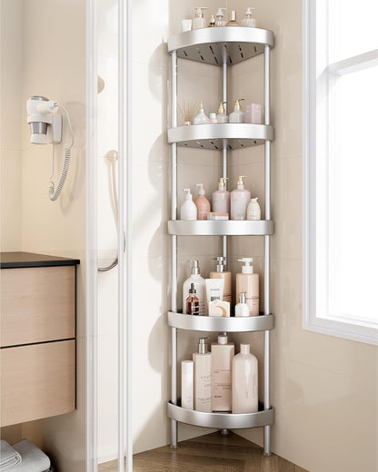 Nieifi Corner Shower Caddy Stand-5 Tier Rustproof Anodized Aluminum Standing Shower Organizer-Shower Caddy Corner-Dual Stability to Anti-Shaking-Height-Adjustable Legs for Uneven Surfaces-Silver