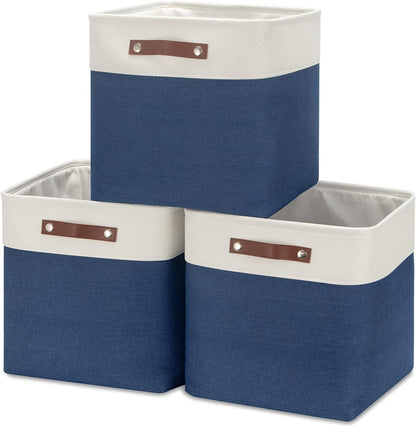 HNZIGE Baskets Fabric Storage Cubes Bins Baskets(3 Pack) Storage Baskets Cube for Shelf, Large Collapsible Organizer Closet Baskets,13x13 Toy Baskets with Leather Handle(White&Blue)