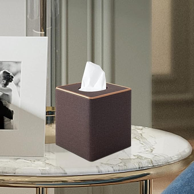 RHCSZ Linen Square Tissue Box Cover,Cube Tissue Box Holder－Excellent Rosegold Leather Decoration,Table Napkin Case Dispenser,Facial Tissues Organizer with Magnetic Bottom for Home Office Car(Coffee)
