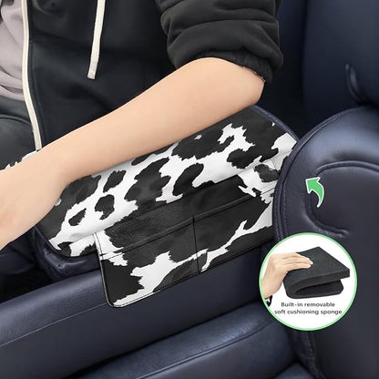 Wanyint Black White Cow Print Auto Center Console Pad Soft Armrest Box Mat Protector Non-Slip Middle Console Cover with Pockets Storage Bag Hand Rest Pillow Automobile Decor Accessories